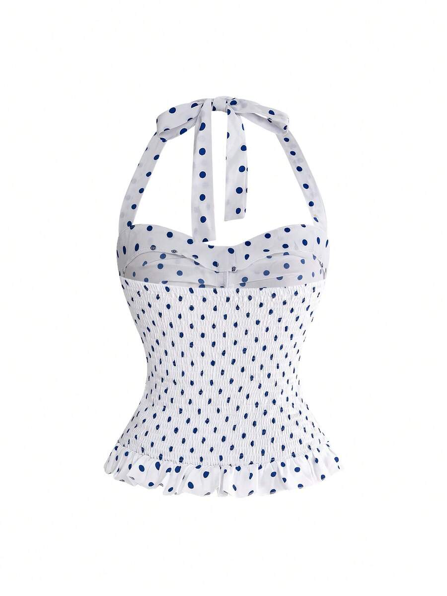 Pink plaid backless halter camisole set with ruched bust, knot detail, and ruffle hem for women.