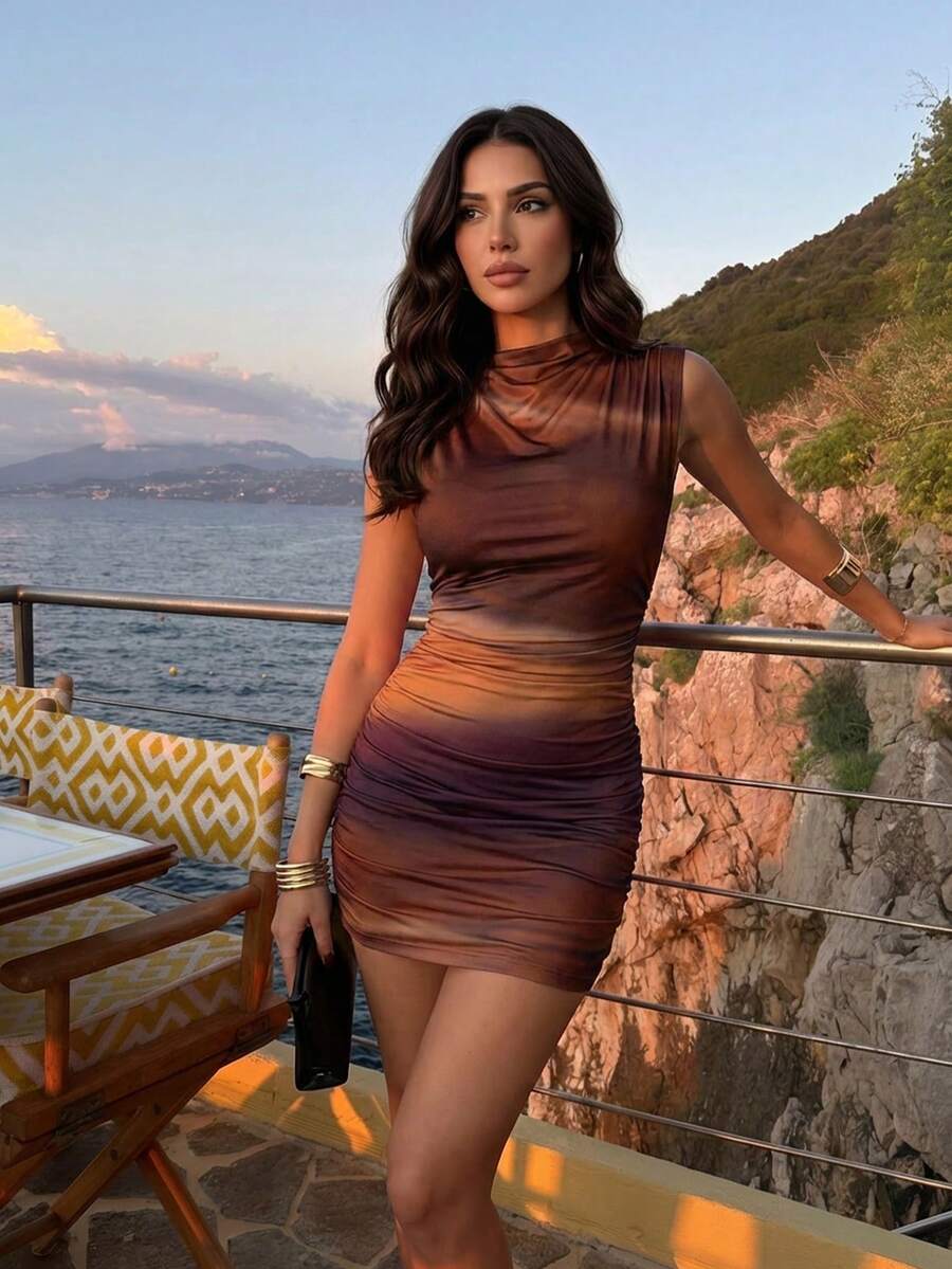 Army green sleeveless bodycon mini dress with a stand collar, ruched details, and zipper back.