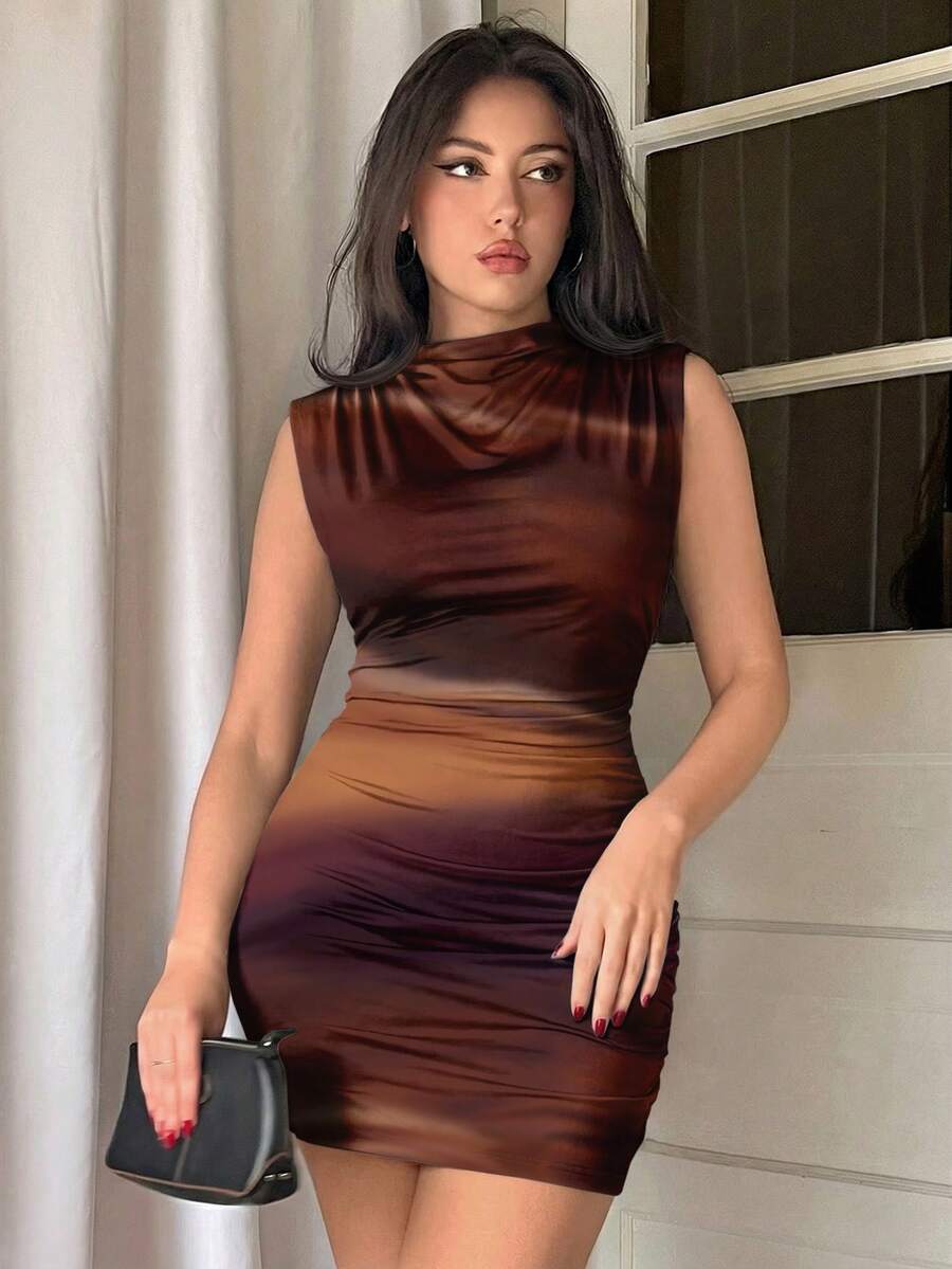 Army green sleeveless bodycon mini dress with a stand collar, ruched details, and zipper back.
