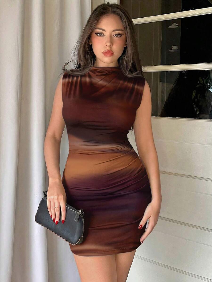 Army green sleeveless bodycon mini dress with a stand collar, ruched details, and zipper back.