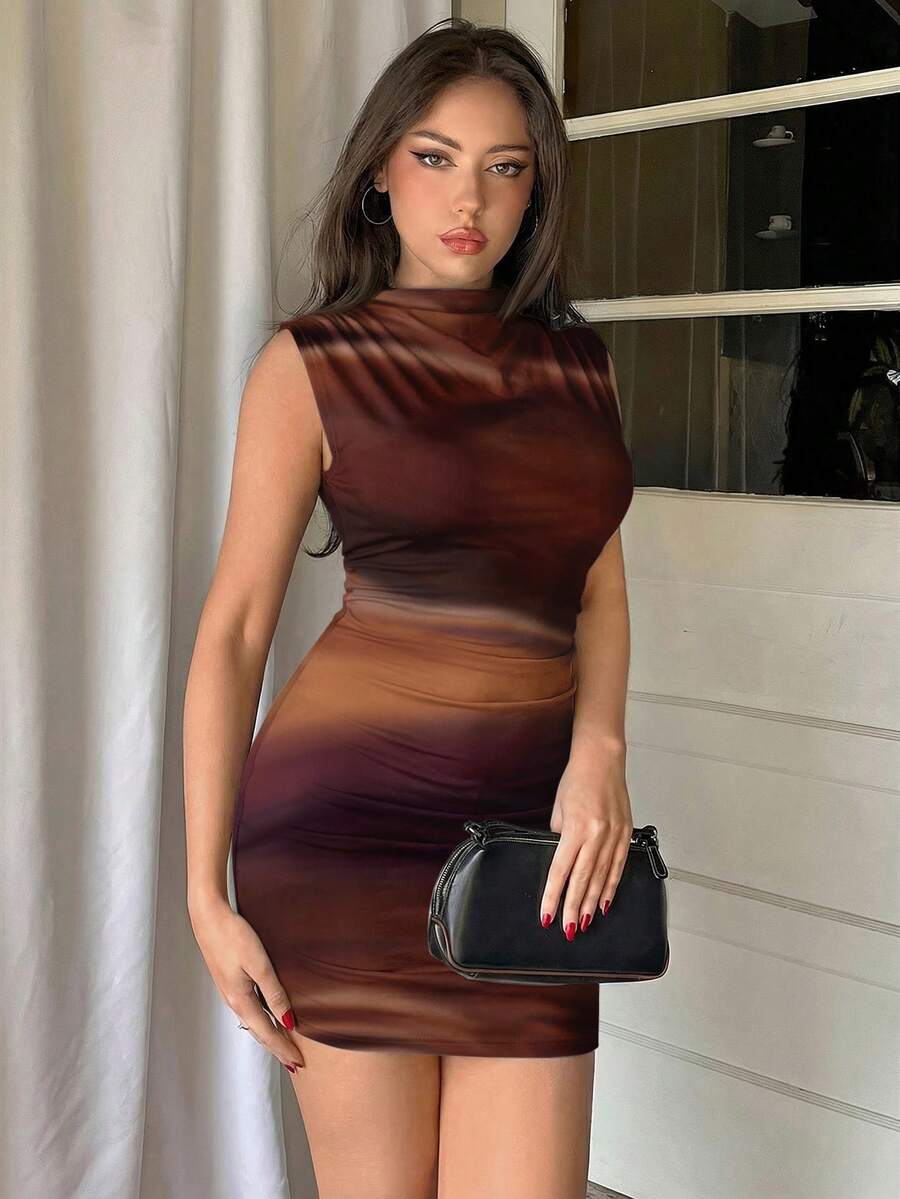 Army green sleeveless bodycon mini dress with a stand collar, ruched details, and zipper back.