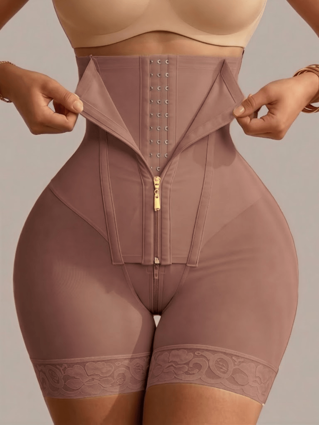 High waist shaping shorts featuring tummy control front zipper and contrast lace detail