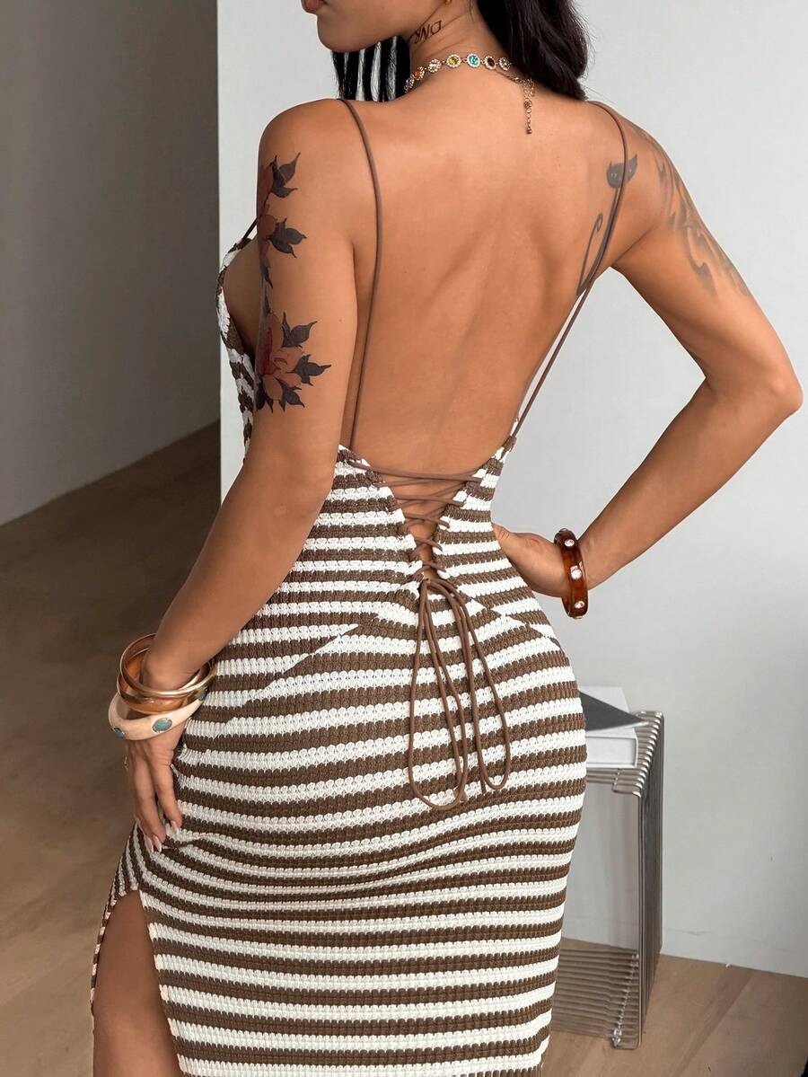 Women's Y2K backless spaghetti strap maxi dress featuring a lace-up back and high split thigh in black knitted fabric.