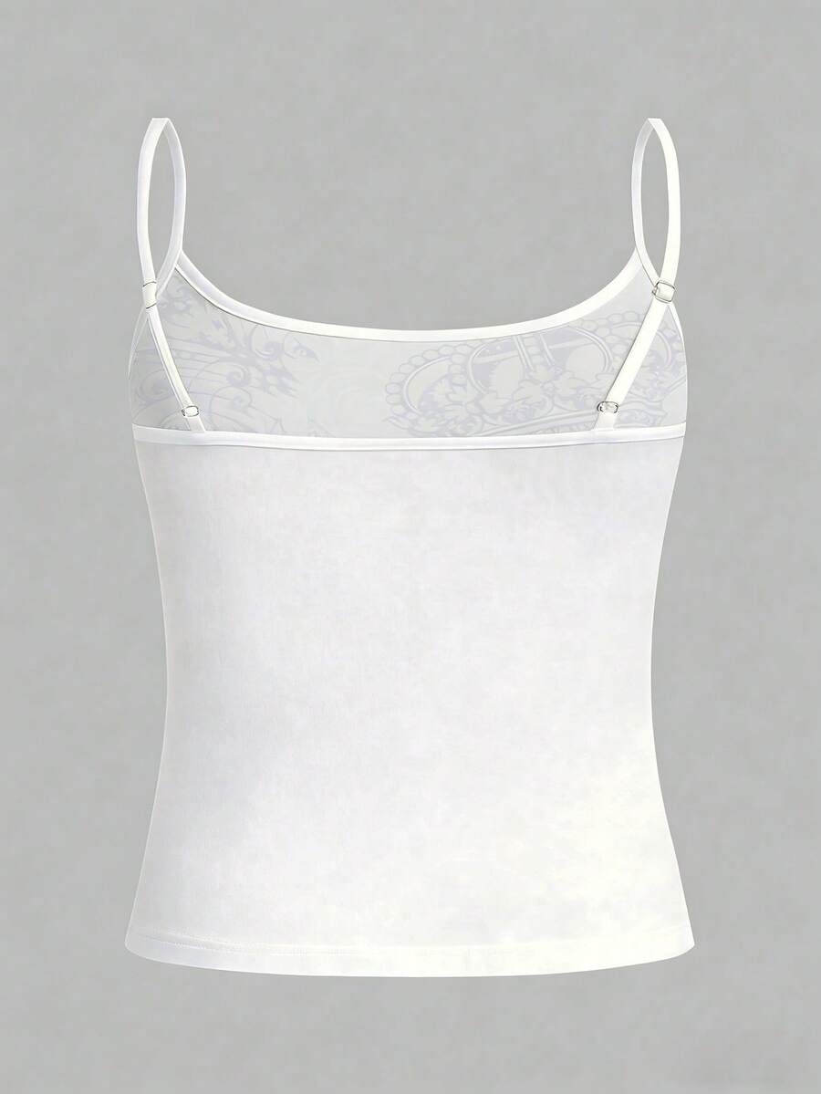 Burgundy cross pattern camisole top featuring spaghetti straps, ring accent, and a backless slim fit design.