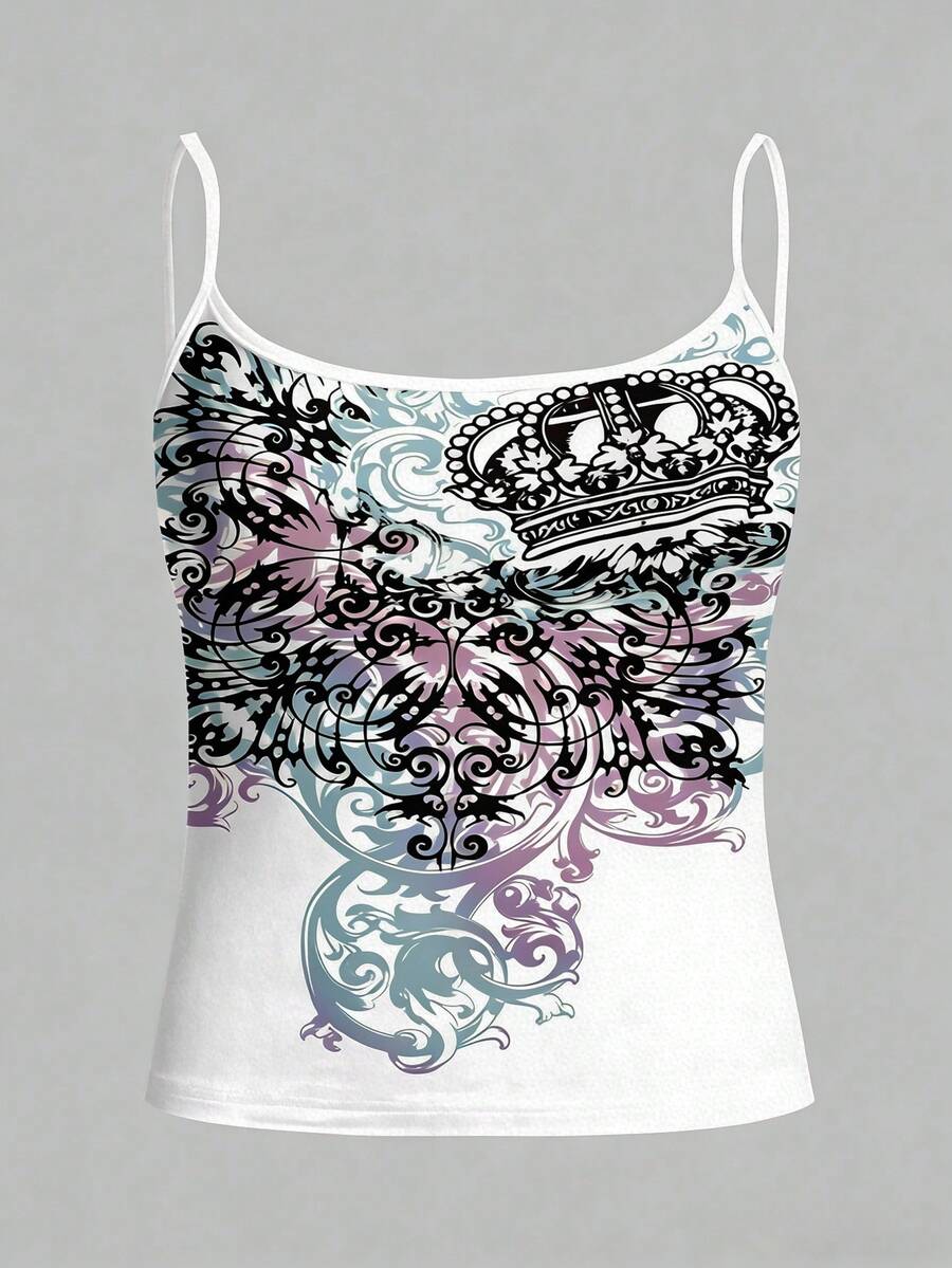Burgundy cross pattern camisole top featuring spaghetti straps, ring accent, and a backless slim fit design.
