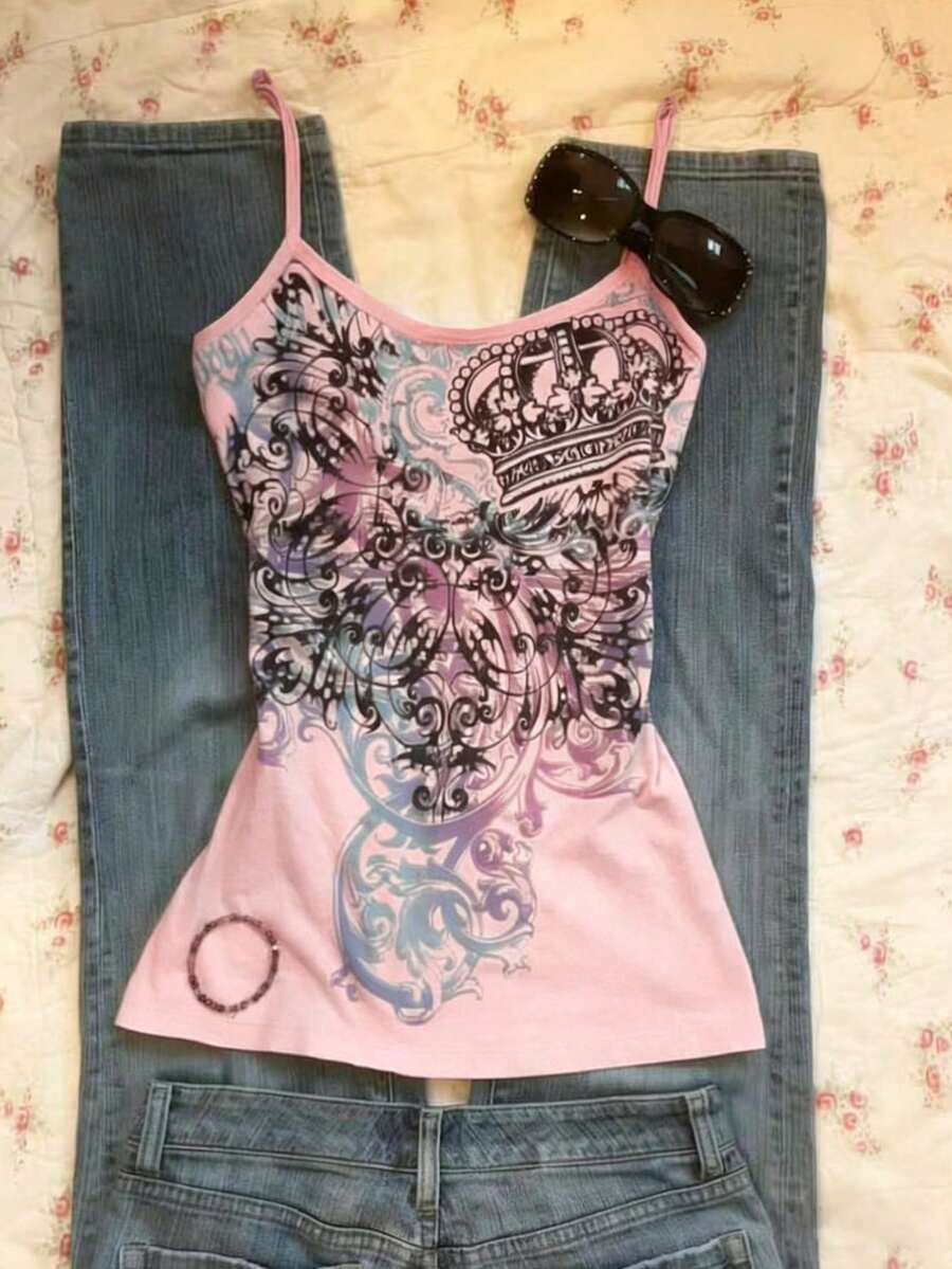 Burgundy cross pattern camisole top featuring spaghetti straps, ring accent, and a backless slim fit design.