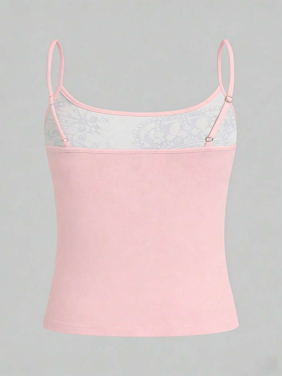 Burgundy cross pattern camisole top featuring spaghetti straps, ring accent, and a backless slim fit design.