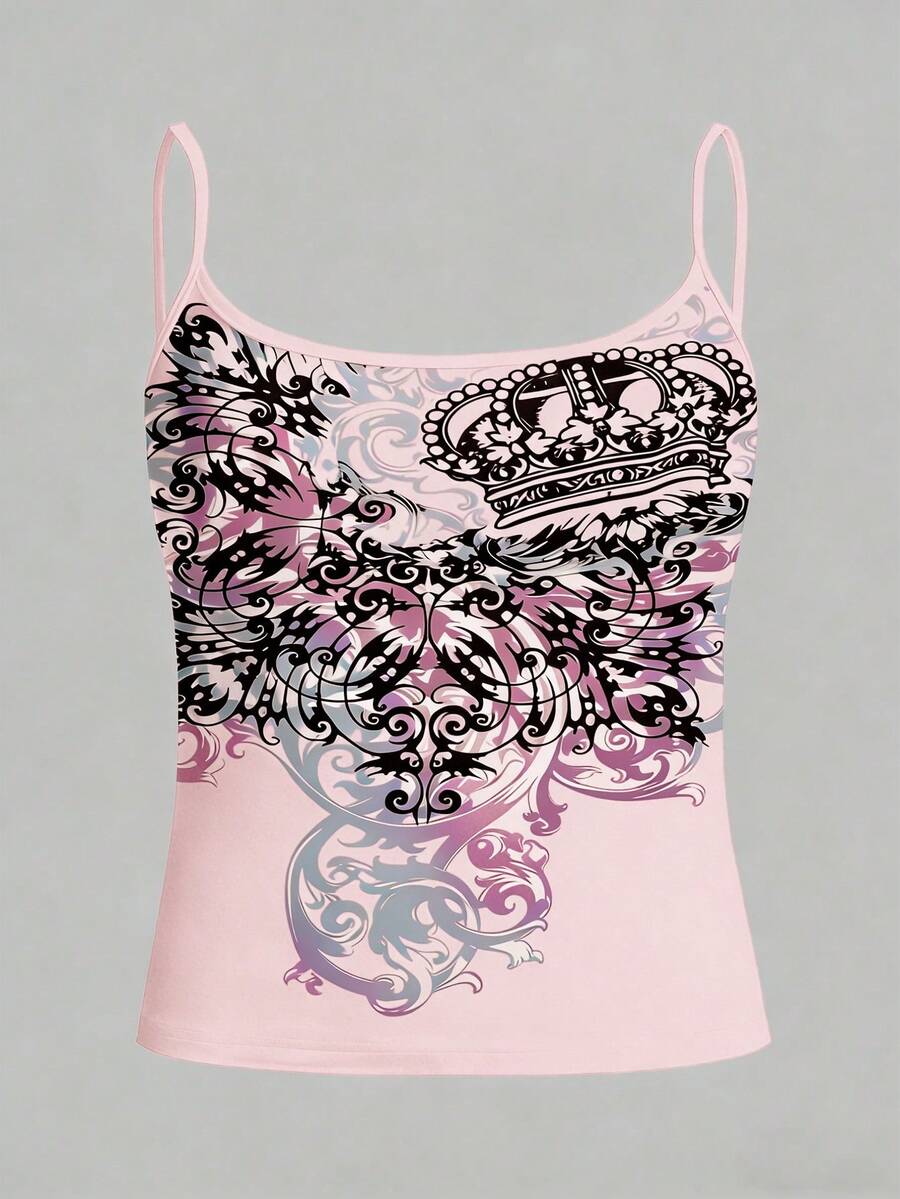 Burgundy cross pattern camisole top featuring spaghetti straps, ring accent, and a backless slim fit design.
