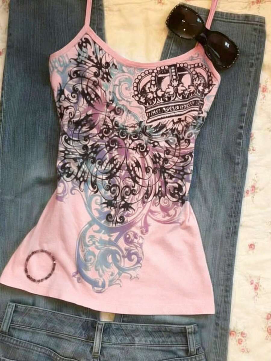 Burgundy cross pattern camisole top featuring spaghetti straps, ring accent, and a backless slim fit design.