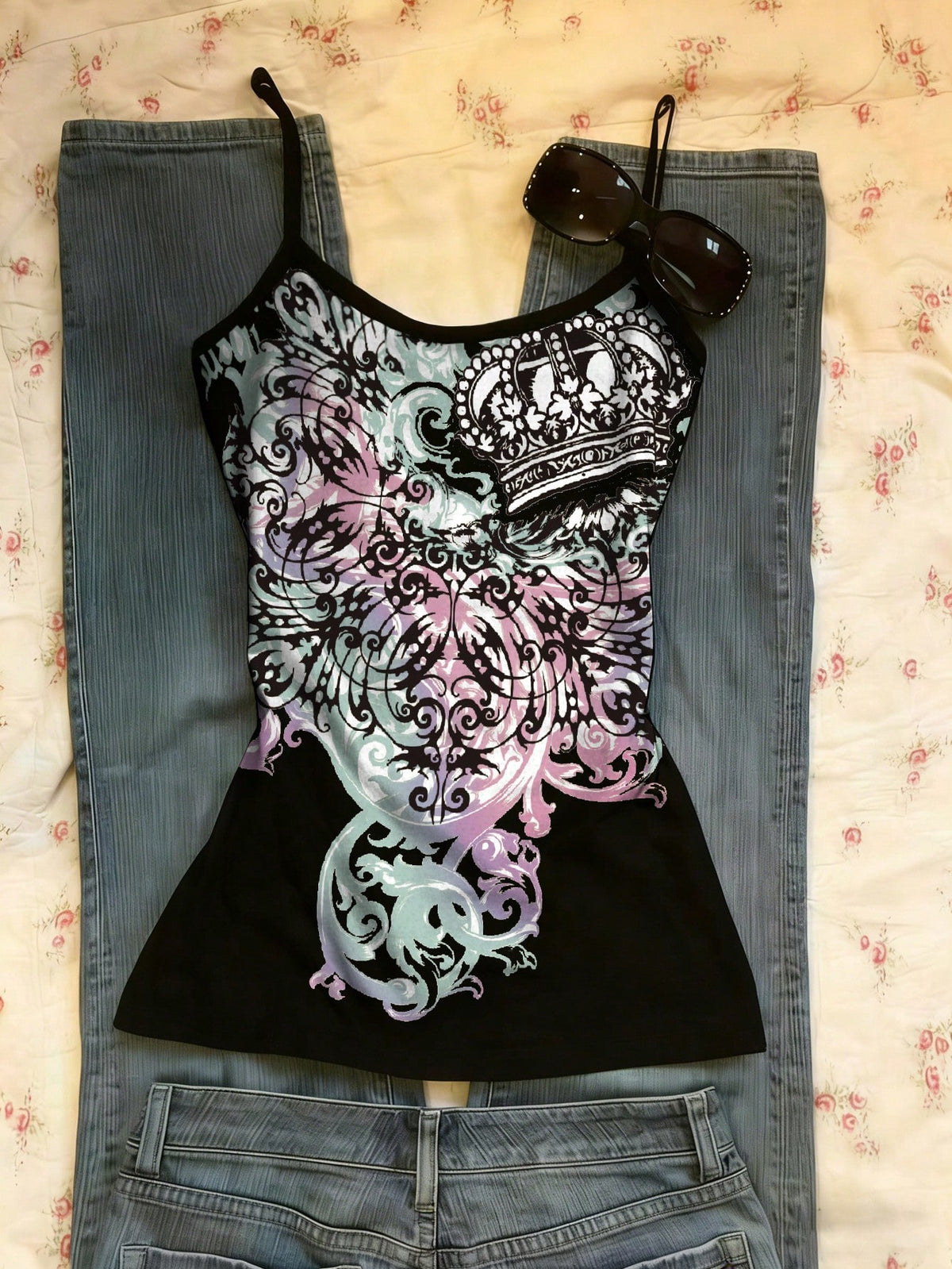 Burgundy cross pattern camisole top featuring spaghetti straps, ring accent, and a backless slim fit design.