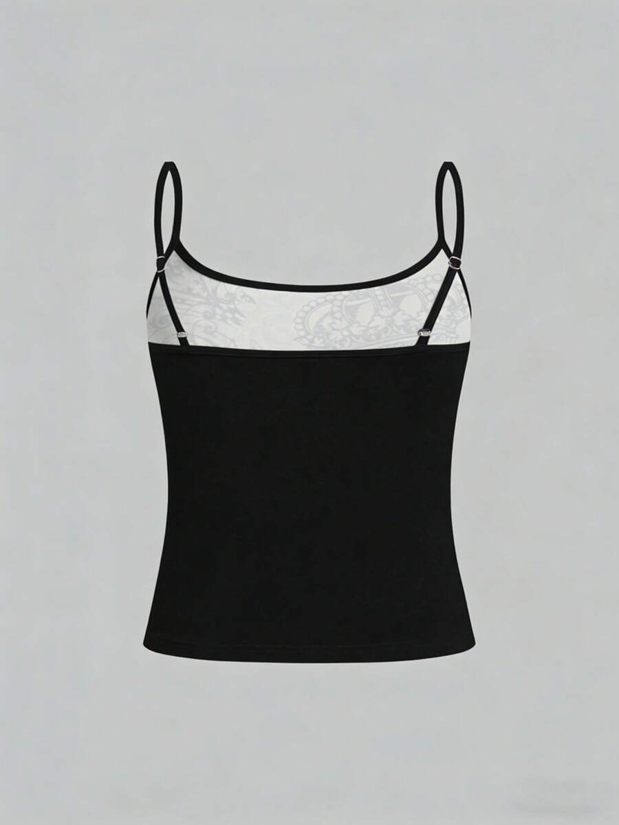 Burgundy cross pattern camisole top featuring spaghetti straps, ring accent, and a backless slim fit design.