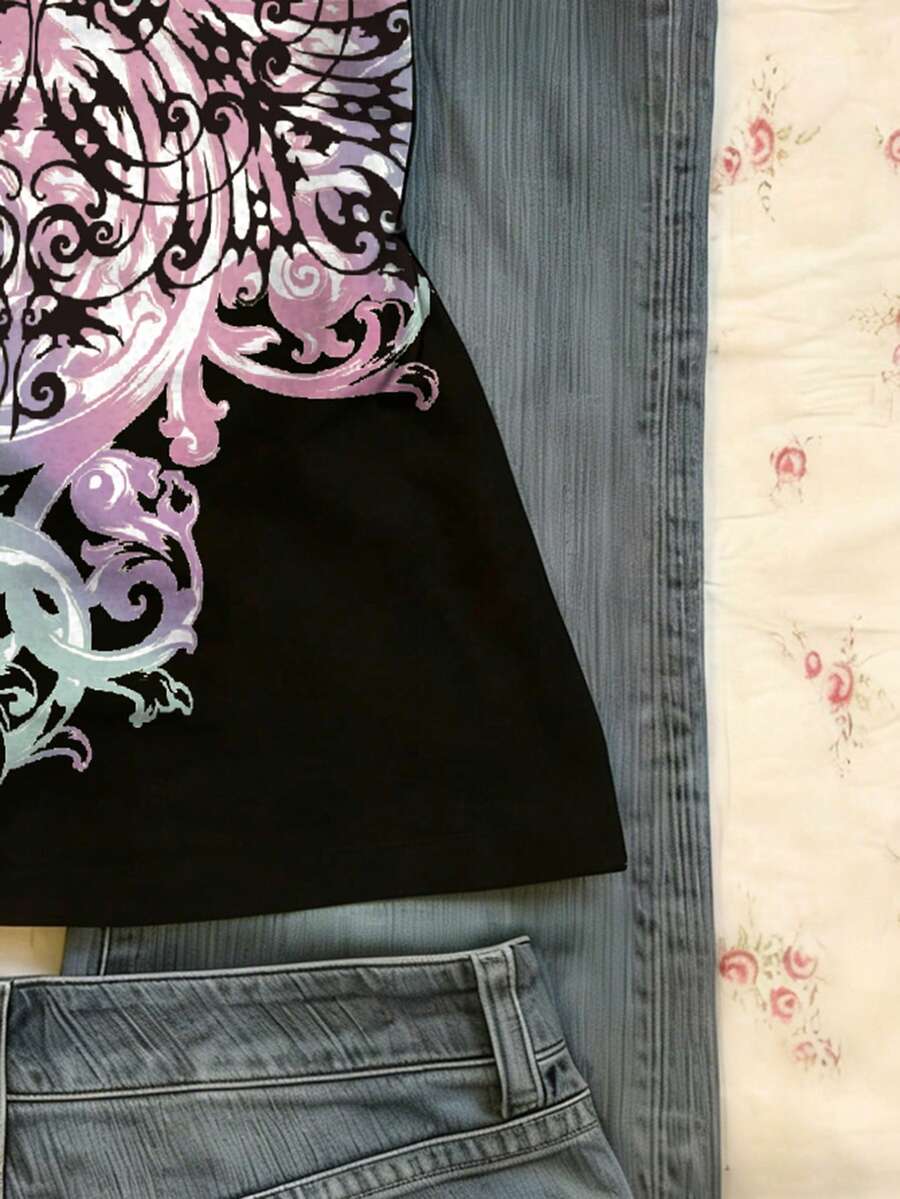 Burgundy cross pattern camisole top featuring spaghetti straps, ring accent, and a backless slim fit design.