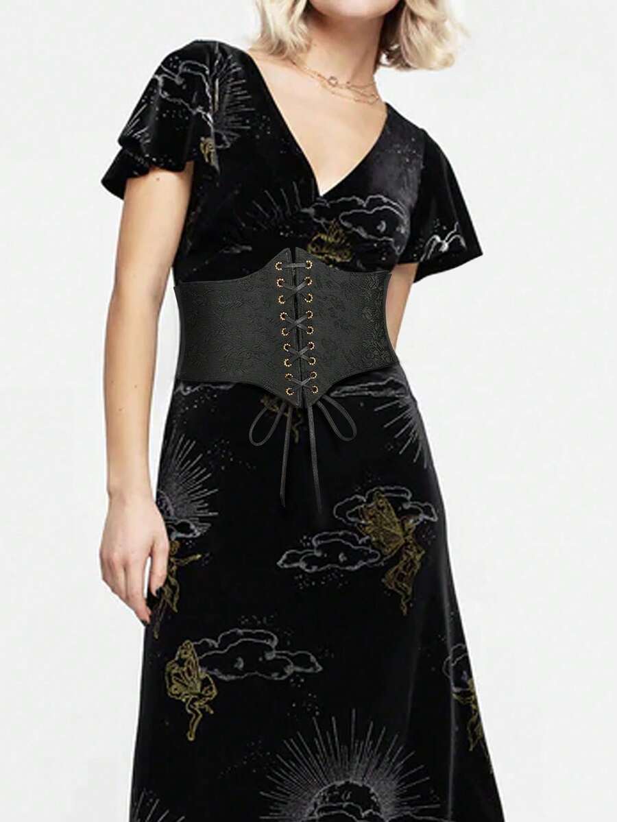 Black lace-up waist cincher with grommet eyelets, baroque pattern, medium stretch, and wide belt design for women.