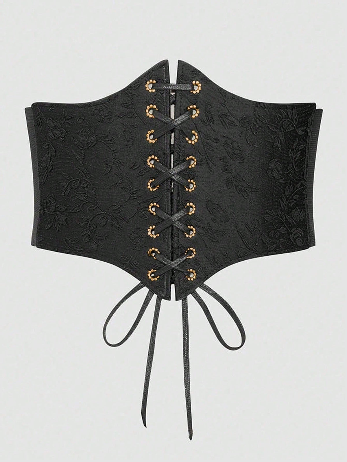 Black lace-up waist cincher with grommet eyelets, baroque pattern, medium stretch, and wide belt design for women.