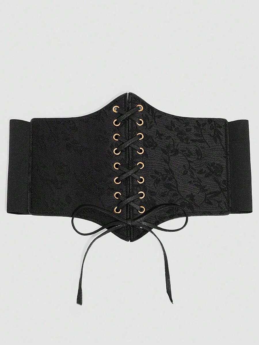 Black lace-up waist cincher with grommet eyelets, baroque pattern, medium stretch, and wide belt design for women.