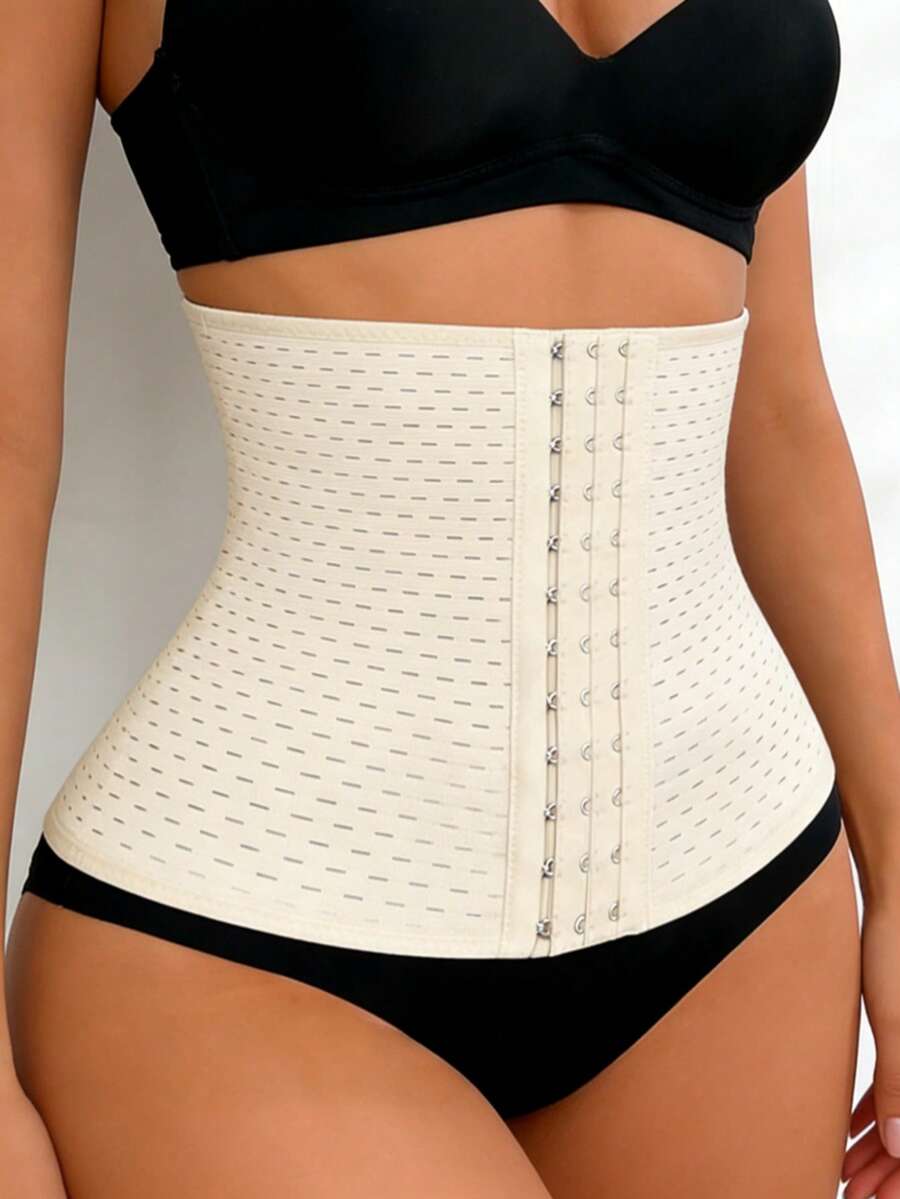 Black breathable women's waist shaping corset belt featuring 3 rows of hook closure and medium stretch knitted fabric.