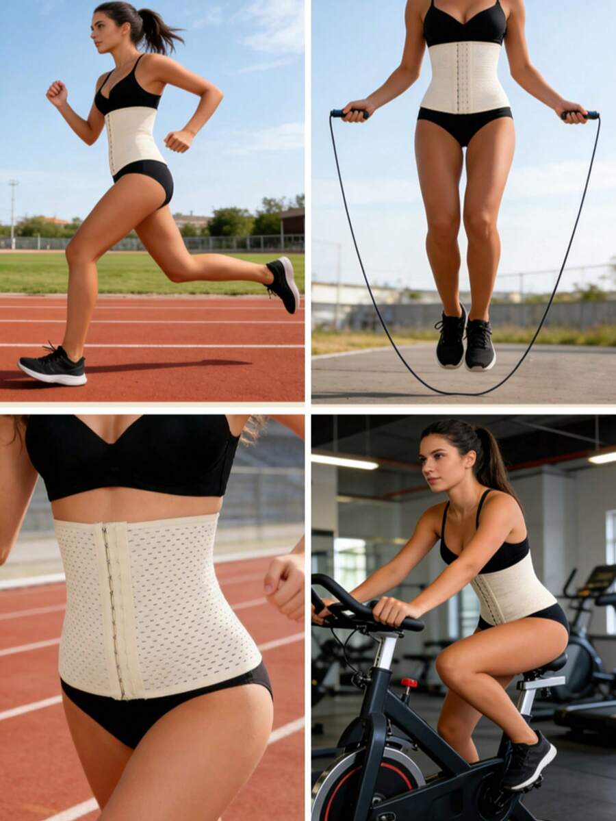 Black breathable women's waist shaping corset belt featuring 3 rows of hook closure and medium stretch knitted fabric.