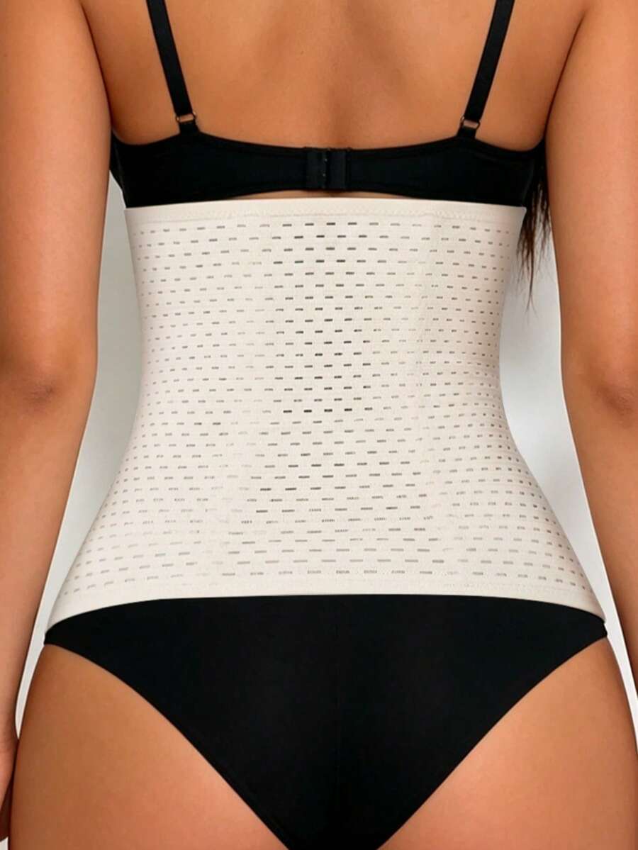 Black breathable women's waist shaping corset belt featuring 3 rows of hook closure and medium stretch knitted fabric.