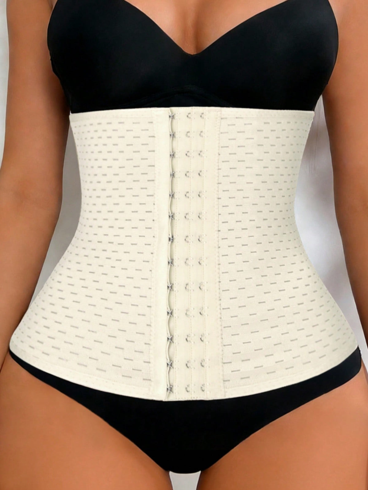Black breathable women's waist shaping corset belt featuring 3 rows of hook closure and medium stretch knitted fabric.