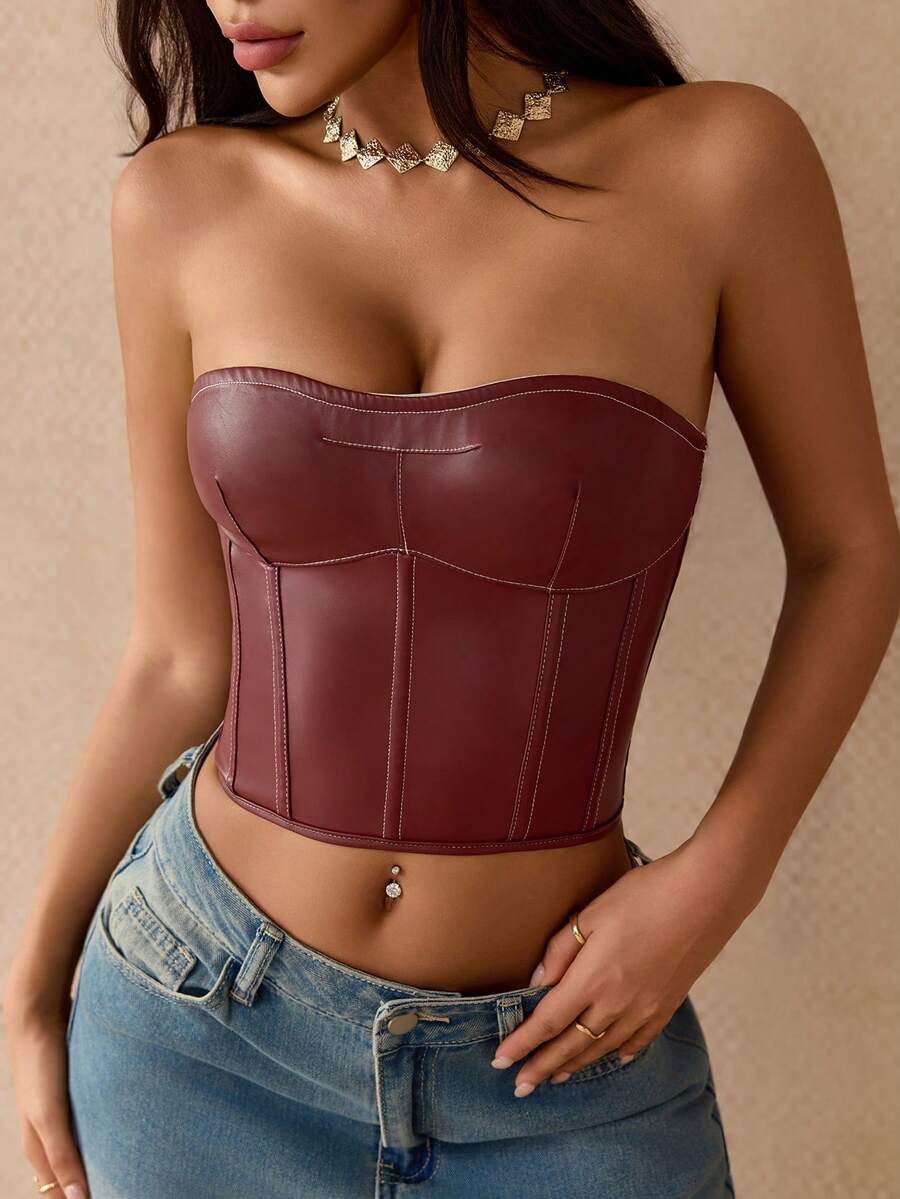 Burgundy Y2K PU leather strapless bustier crop top with lace-up backless design for women