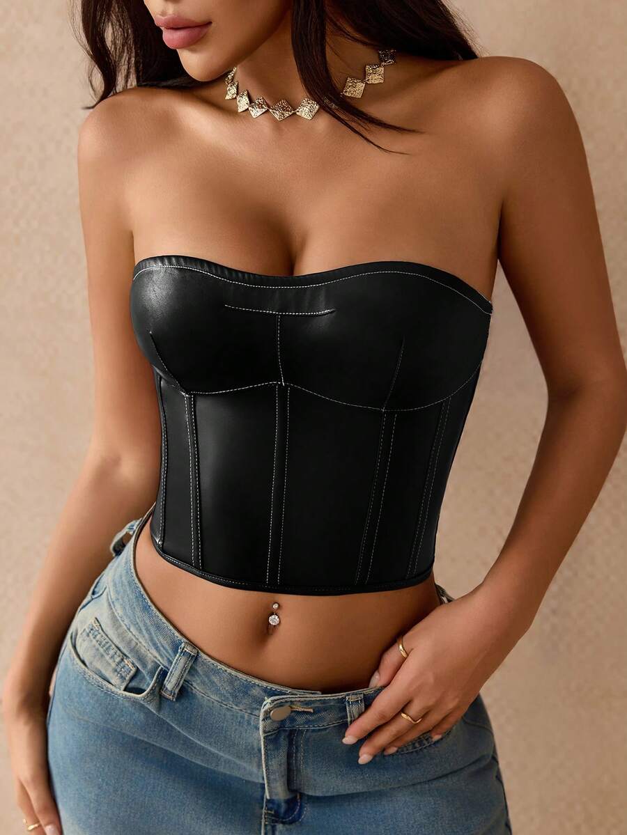 Burgundy Y2K PU leather strapless bustier crop top with lace-up backless design for women