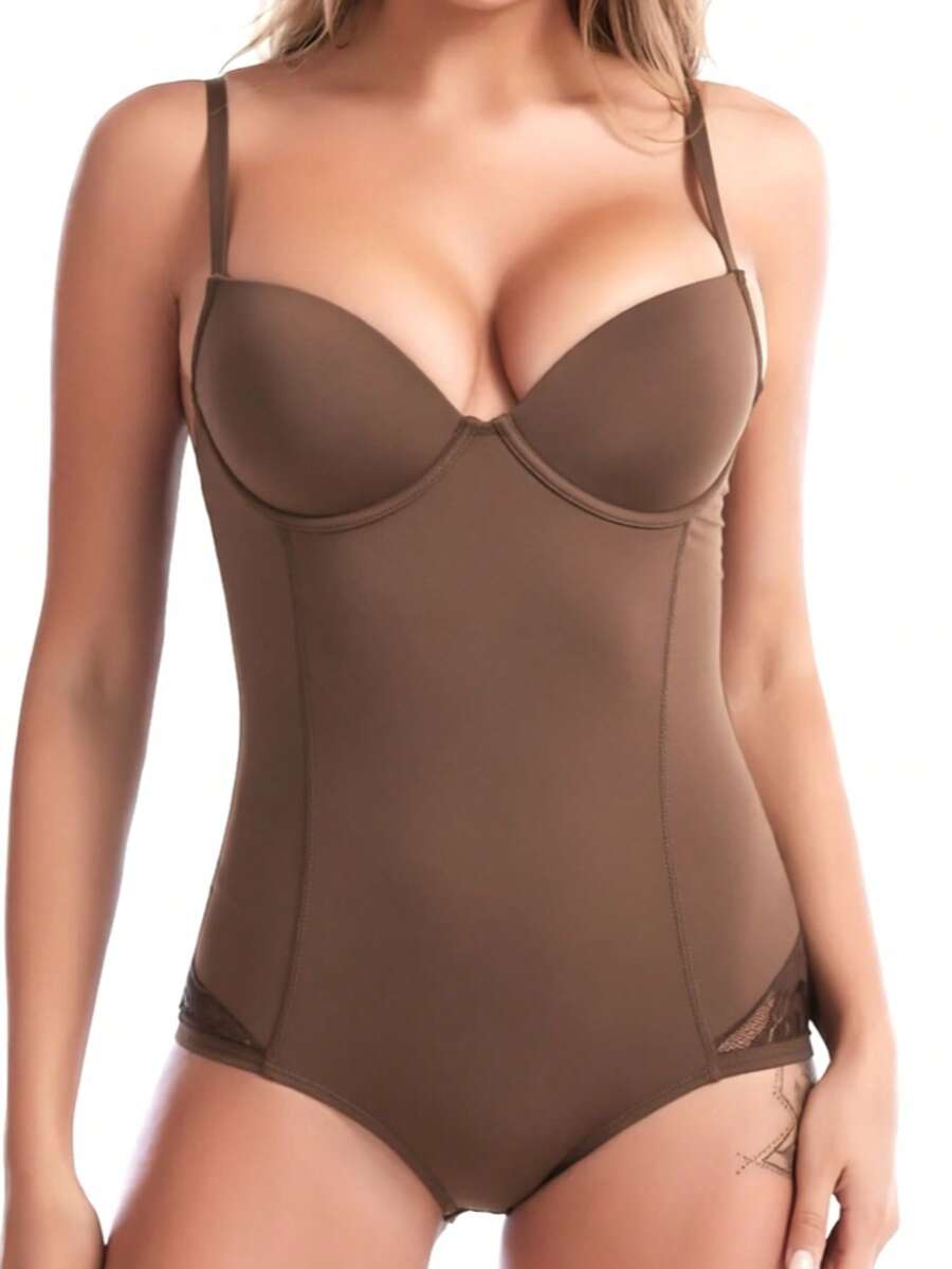 Women's lace shapewear bodysuit with tummy control, built-in bra cup pads, waist shaping, and three-row snap crotch in a bodycon fit.