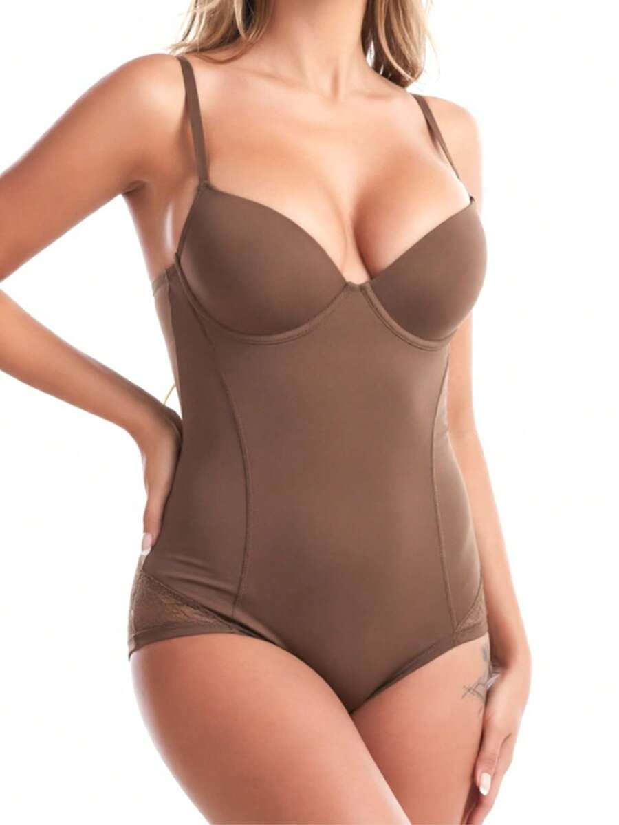 Women's lace shapewear bodysuit with tummy control, built-in bra cup pads, waist shaping, and three-row snap crotch in a bodycon fit.