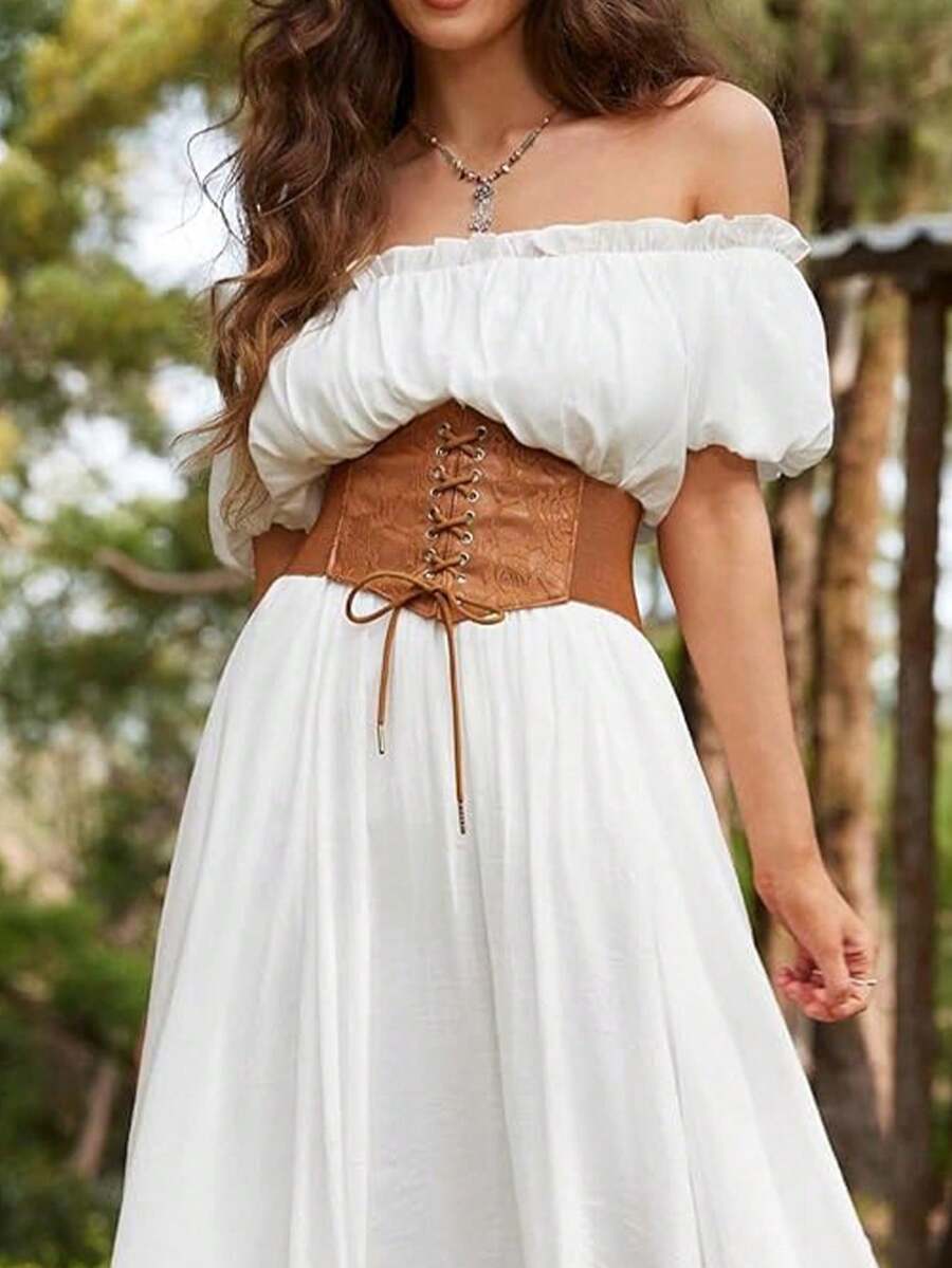 Black lace-up waist cincher with grommet eyelets, baroque pattern, medium stretch, and wide belt design for women.