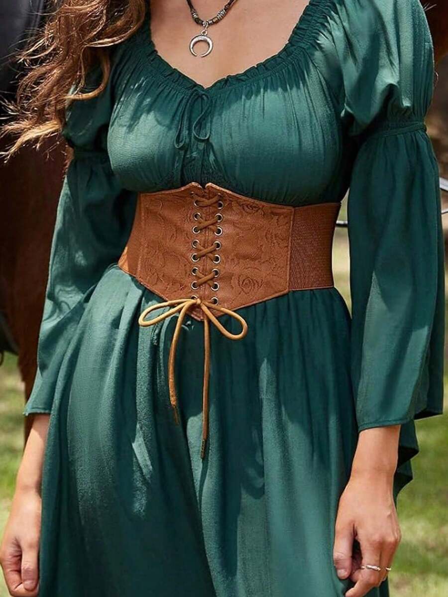 Black lace-up waist cincher with grommet eyelets, baroque pattern, medium stretch, and wide belt design for women.