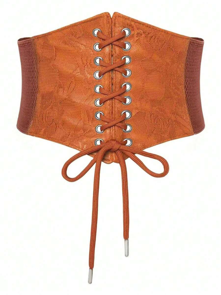 Black lace-up waist cincher with grommet eyelets, baroque pattern, medium stretch, and wide belt design for women.