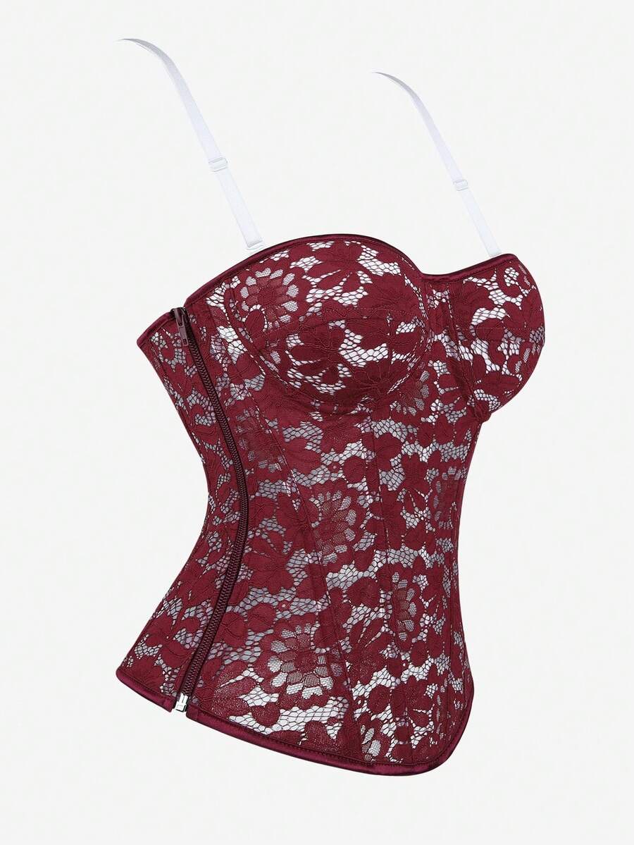 Black lace corset bodice top for women with boned mesh bustier structure and non-removable padded cups.