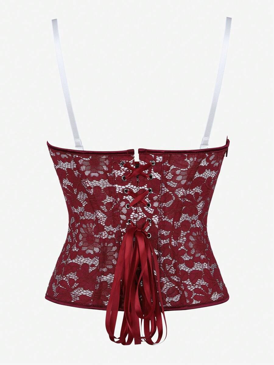 Black lace corset bodice top for women with boned mesh bustier structure and non-removable padded cups.