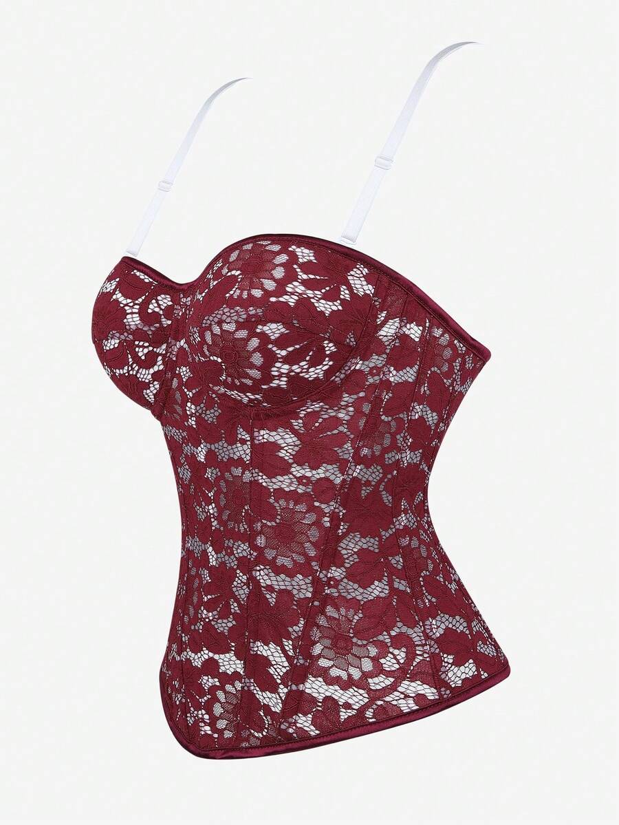 Black lace corset bodice top for women with boned mesh bustier structure and non-removable padded cups.