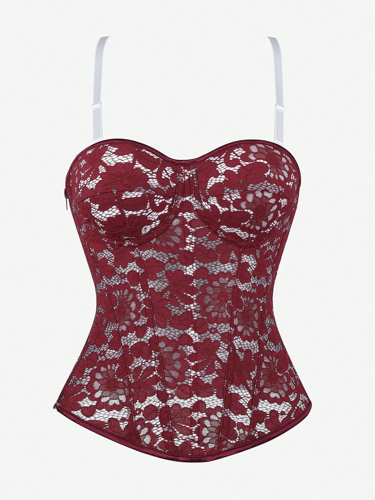 Black lace corset bodice top for women with boned mesh bustier structure and non-removable padded cups.