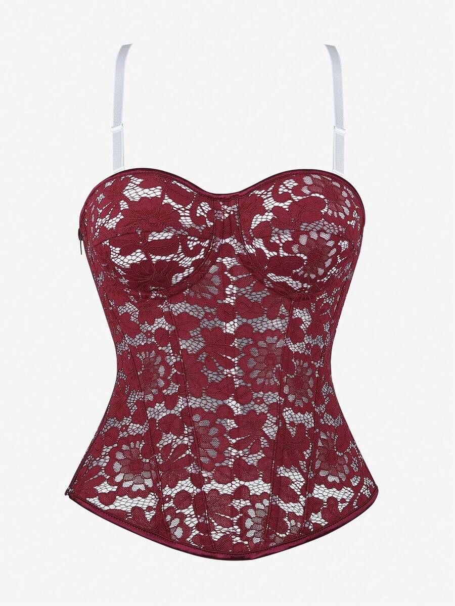 Black lace corset bodice top for women with boned mesh bustier structure and non-removable padded cups.