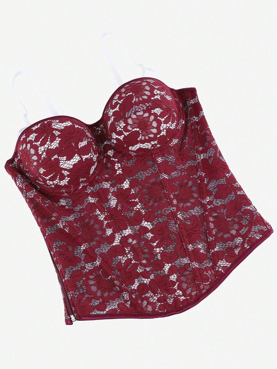 Black lace corset bodice top for women with boned mesh bustier structure and non-removable padded cups.