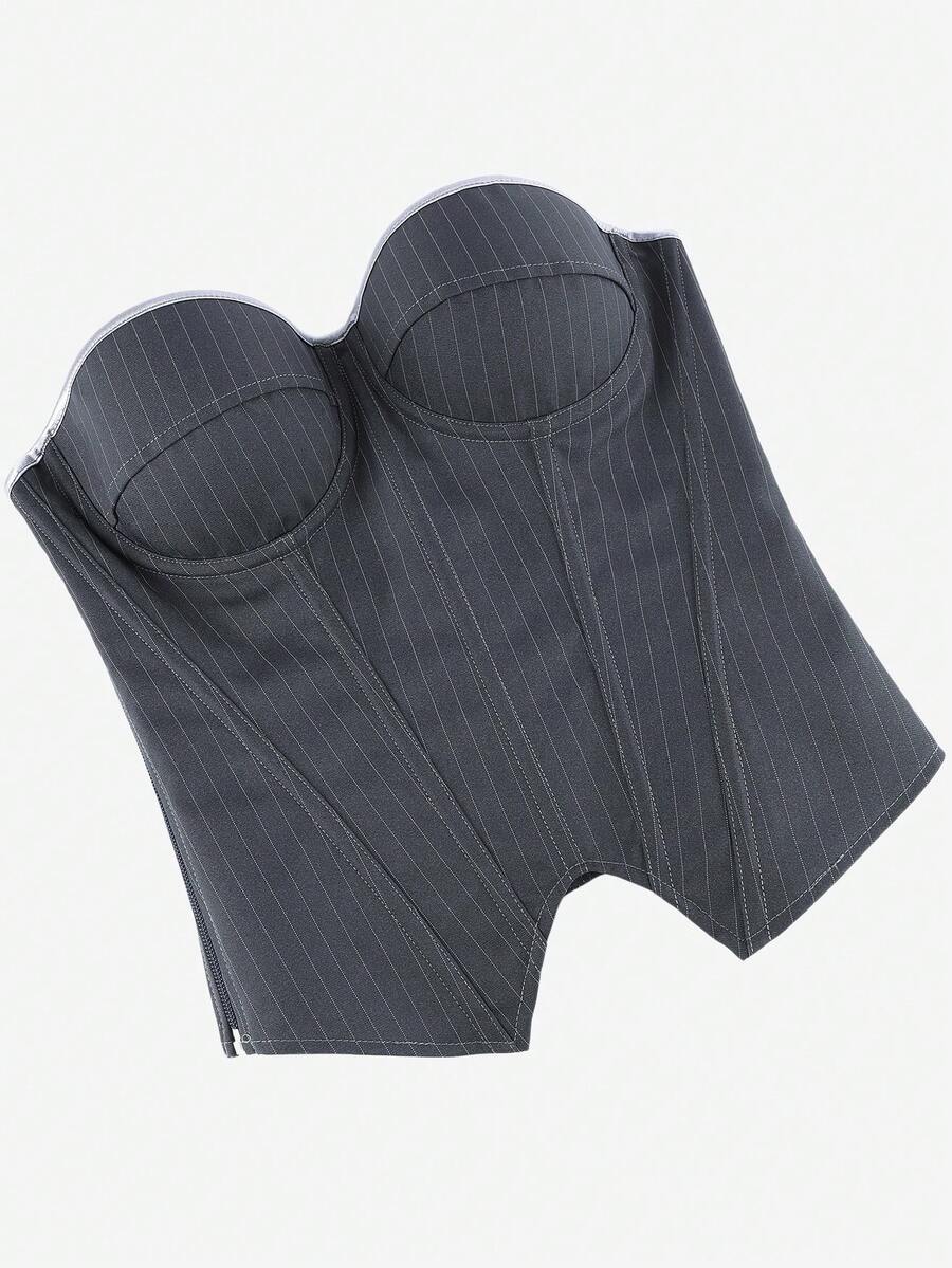 Black overbust corset top with strapless design, boned support, tie-back and zipper closure for women shapewear styling.