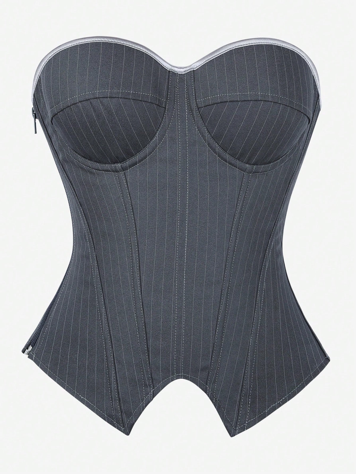 Black overbust corset top with strapless design, boned support, tie-back and zipper closure for women shapewear styling.