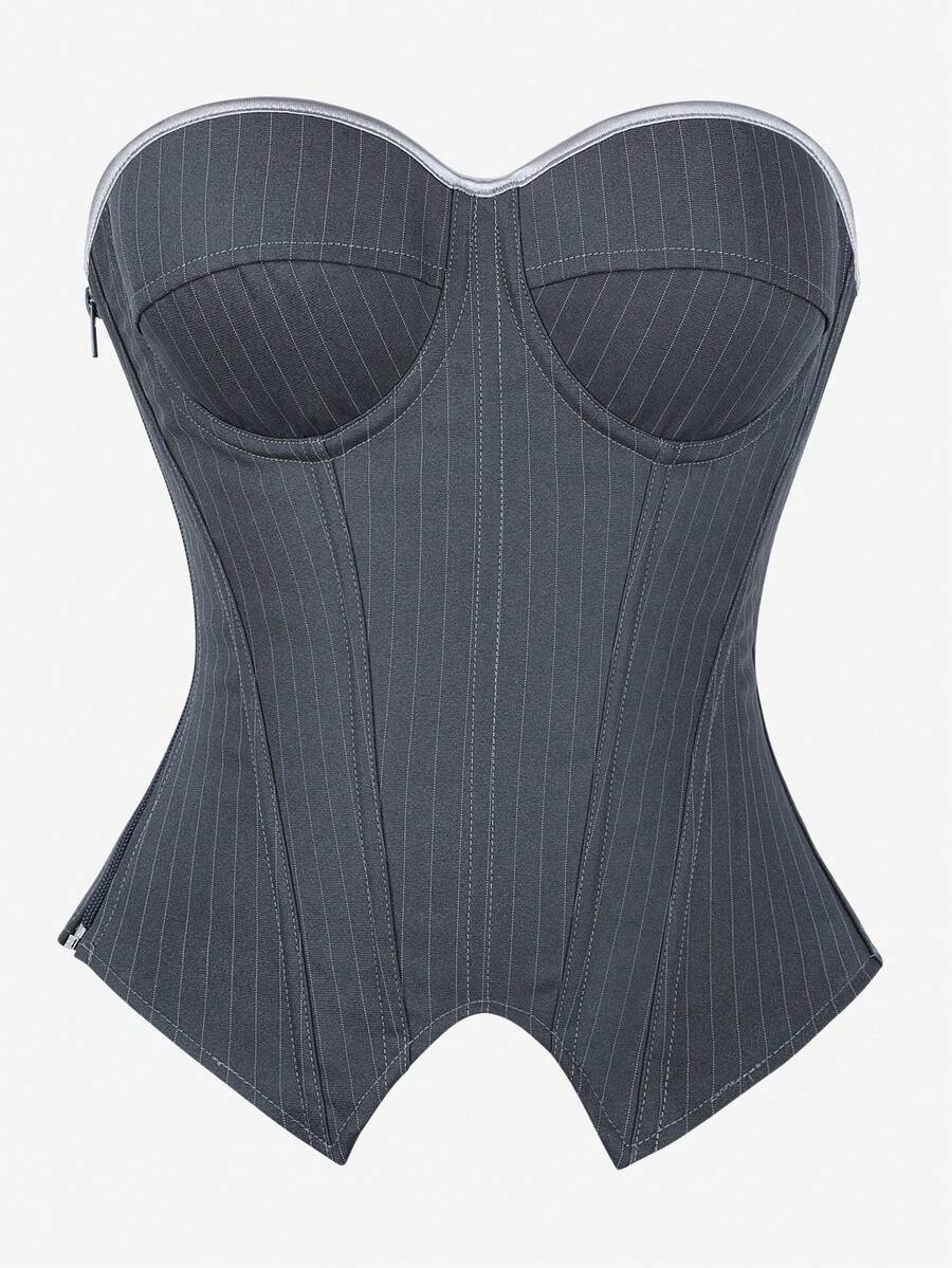 Black overbust corset top with strapless design, boned support, tie-back and zipper closure for women shapewear styling.