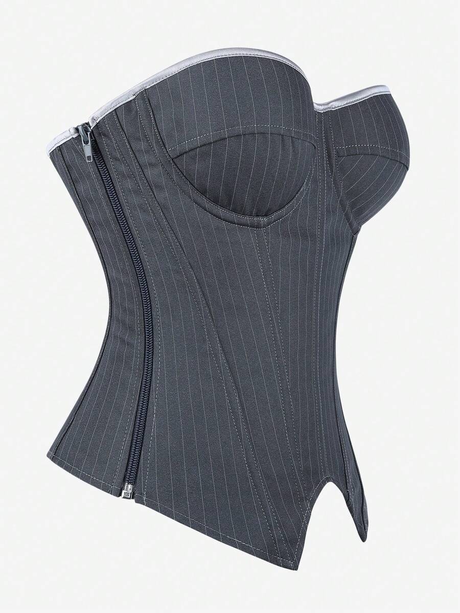 Black overbust corset top with strapless design, boned support, tie-back and zipper closure for women shapewear styling.