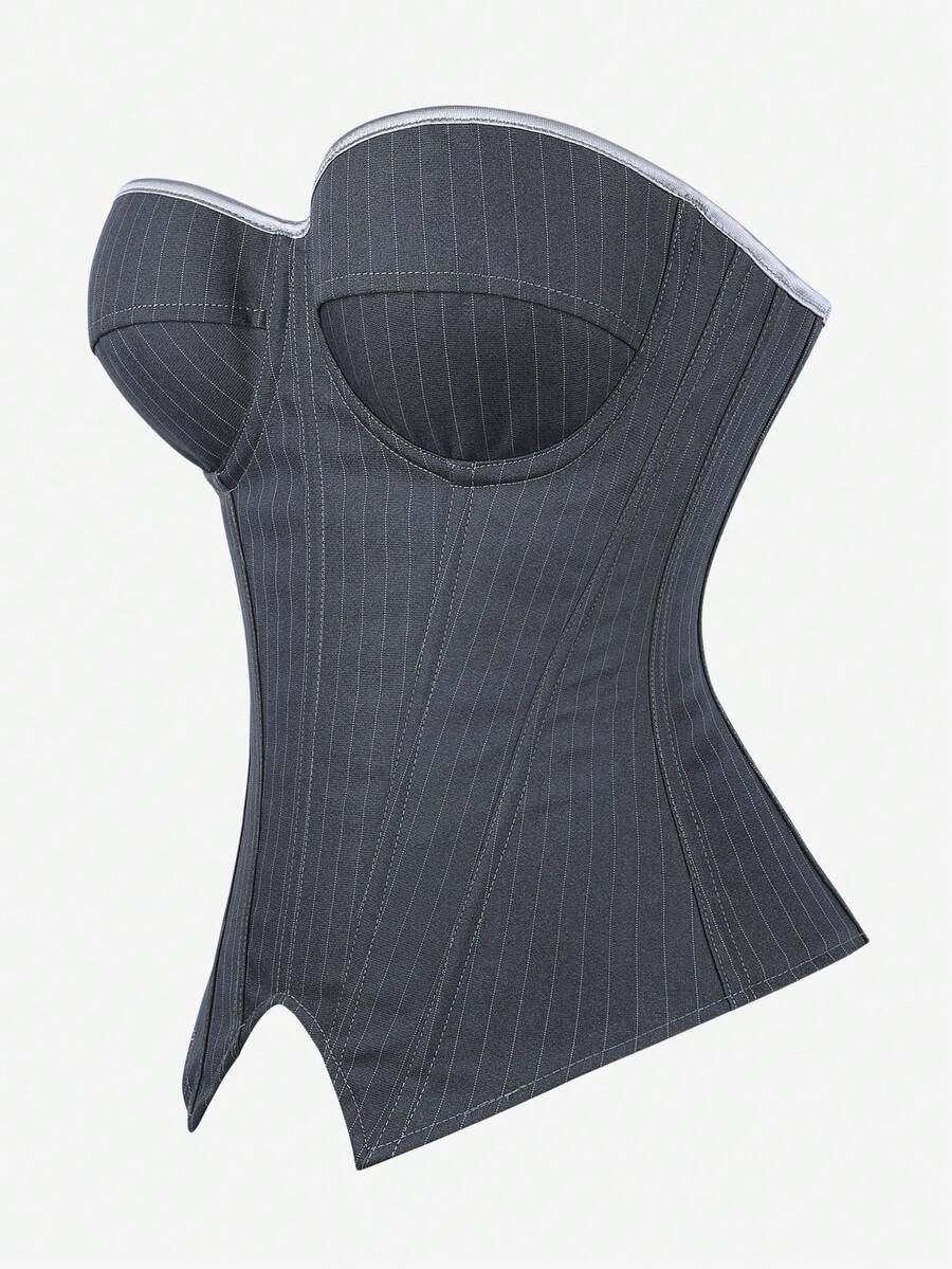 Black overbust corset top with strapless design, boned support, tie-back and zipper closure for women shapewear styling.