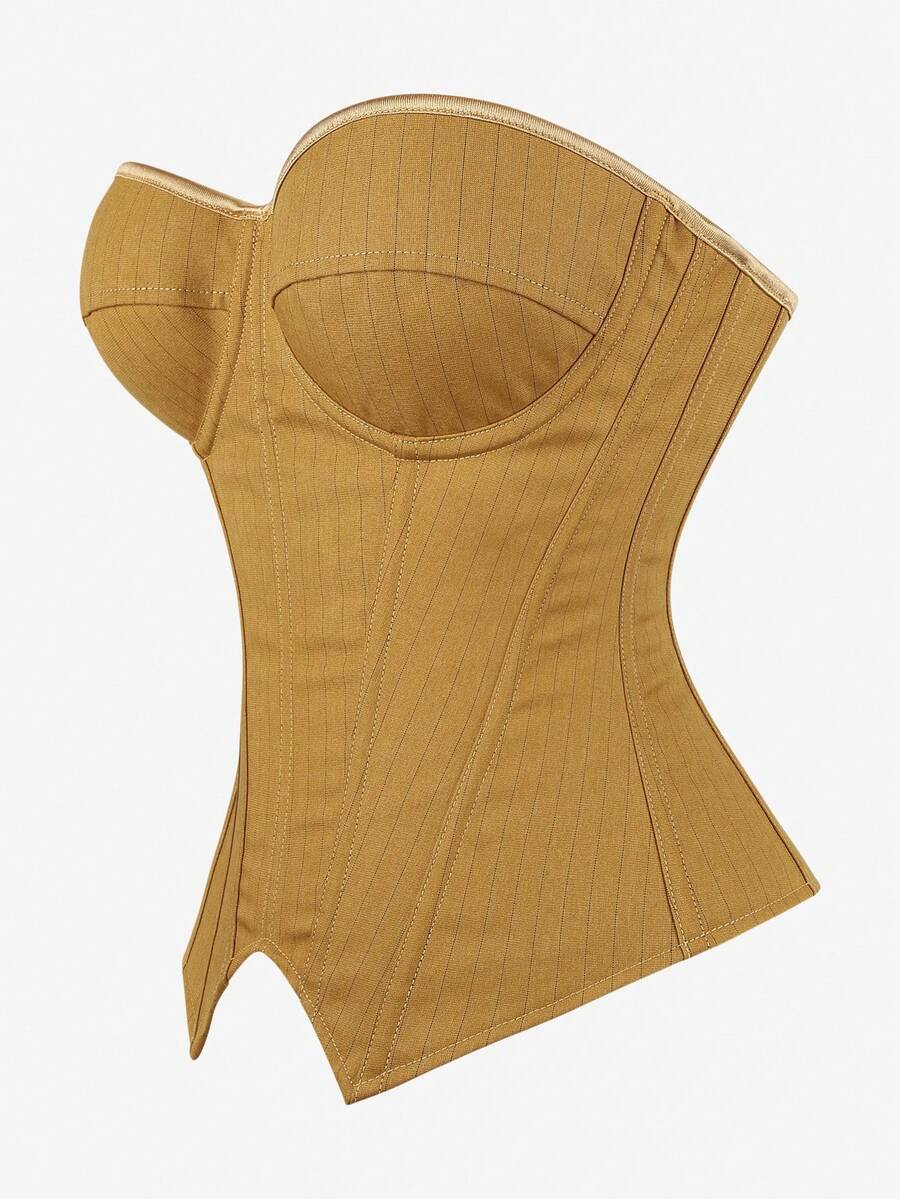 Black overbust corset top with strapless design, boned support, tie-back and zipper closure for women shapewear styling.