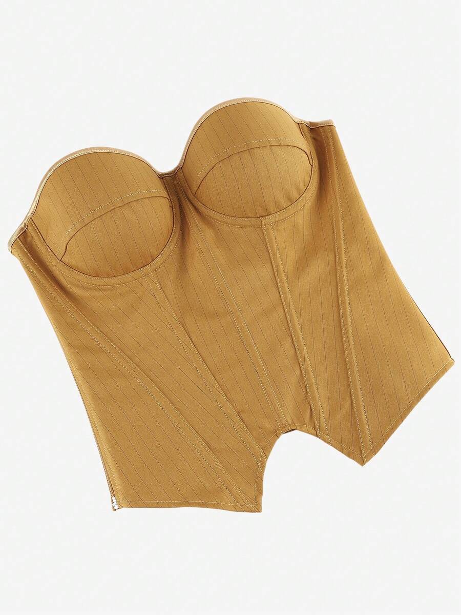 Black overbust corset top with strapless design, boned support, tie-back and zipper closure for women shapewear styling.