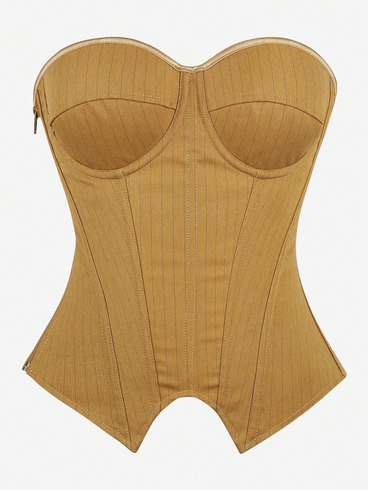 Black overbust corset top with strapless design, boned support, tie-back and zipper closure for women shapewear styling.