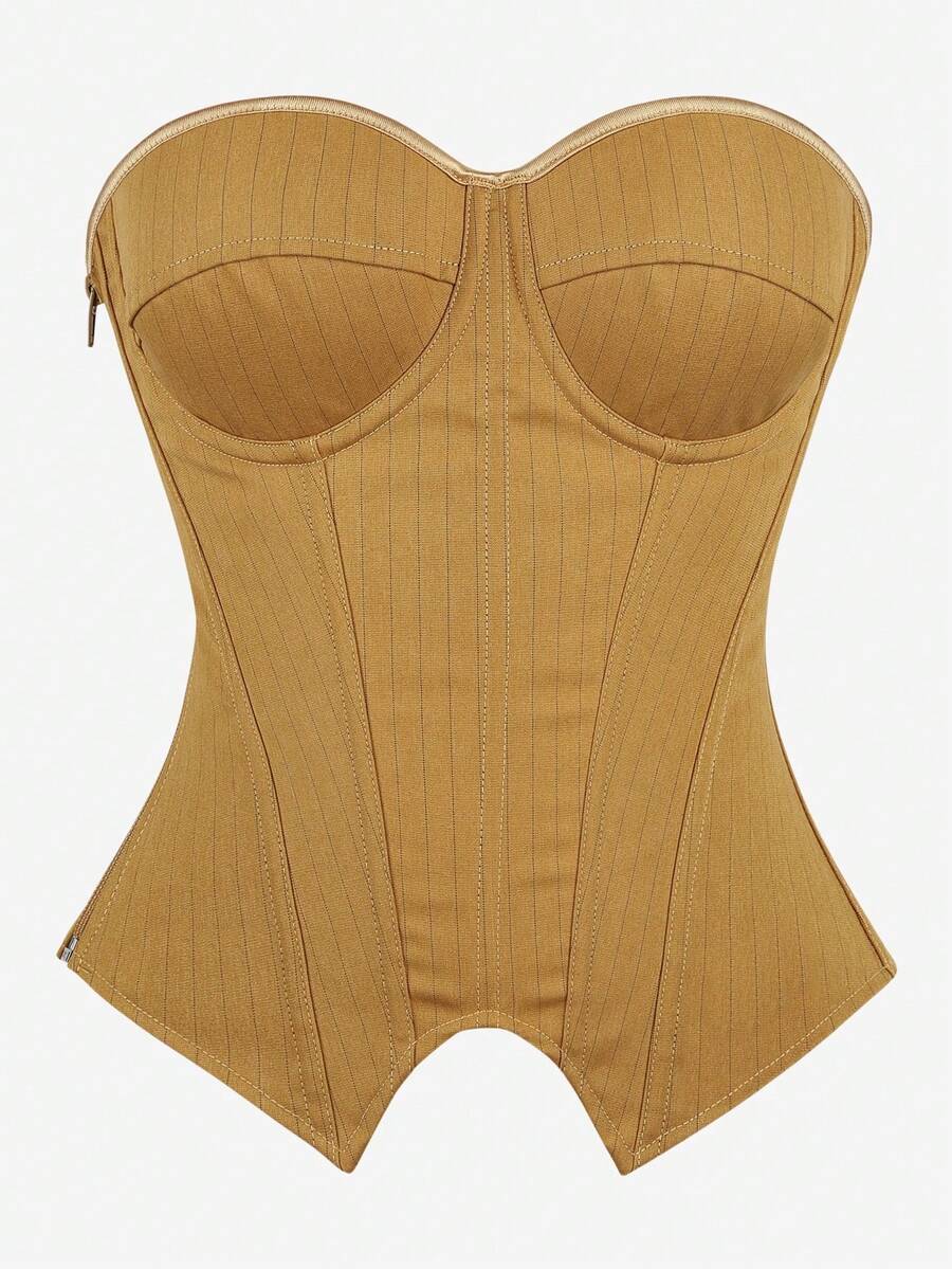 Black overbust corset top with strapless design, boned support, tie-back and zipper closure for women shapewear styling.
