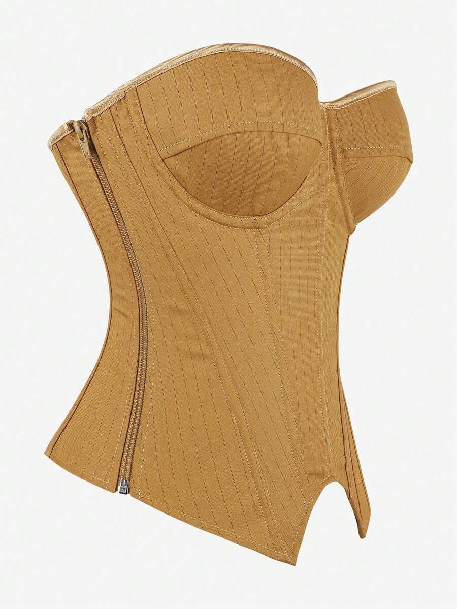 Black overbust corset top with strapless design, boned support, tie-back and zipper closure for women shapewear styling.