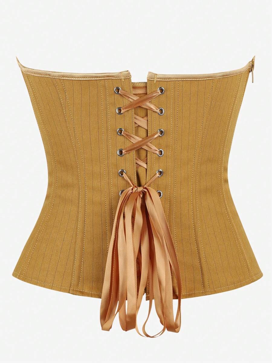 Black overbust corset top with strapless design, boned support, tie-back and zipper closure for women shapewear styling.