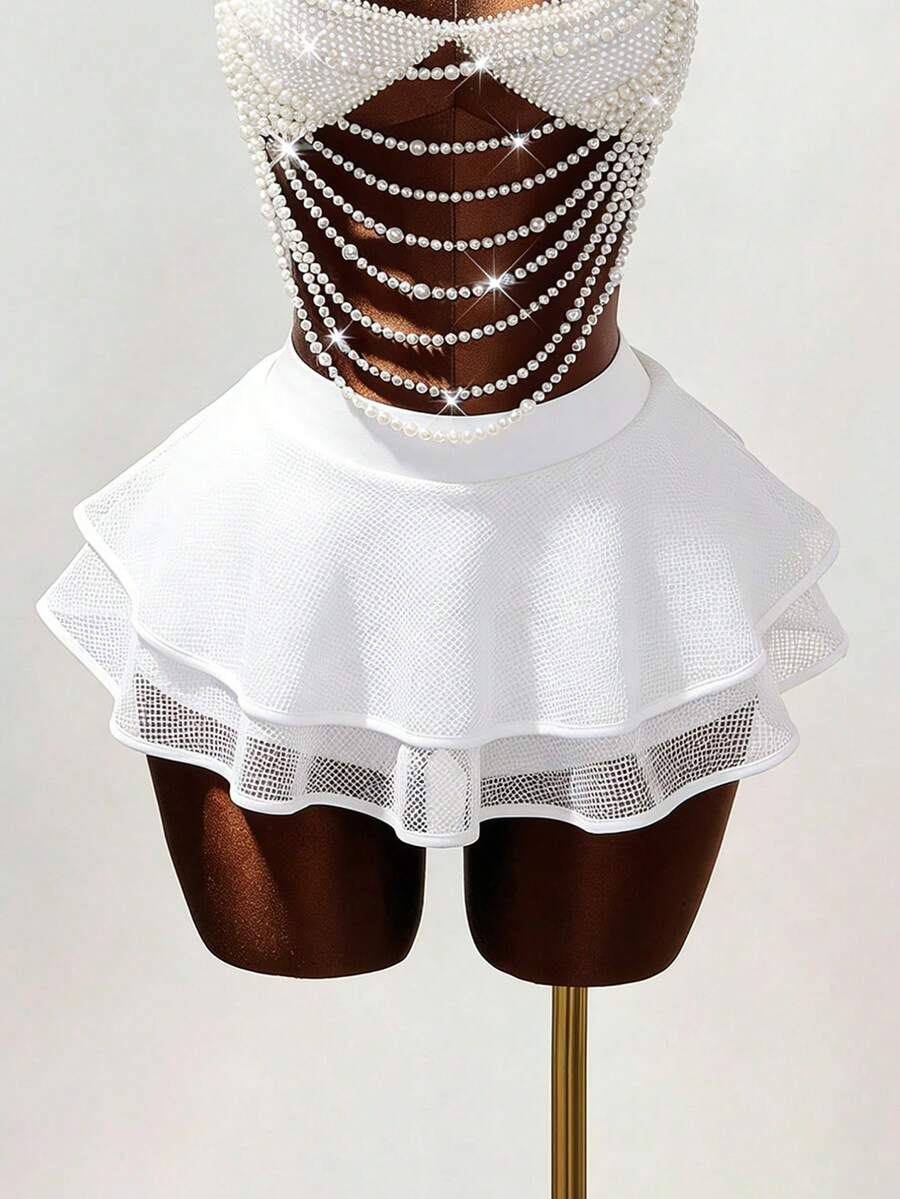 Women's black Y2K rhinestone layered mini skirt with hollow-out detailing and natural mid-waist design