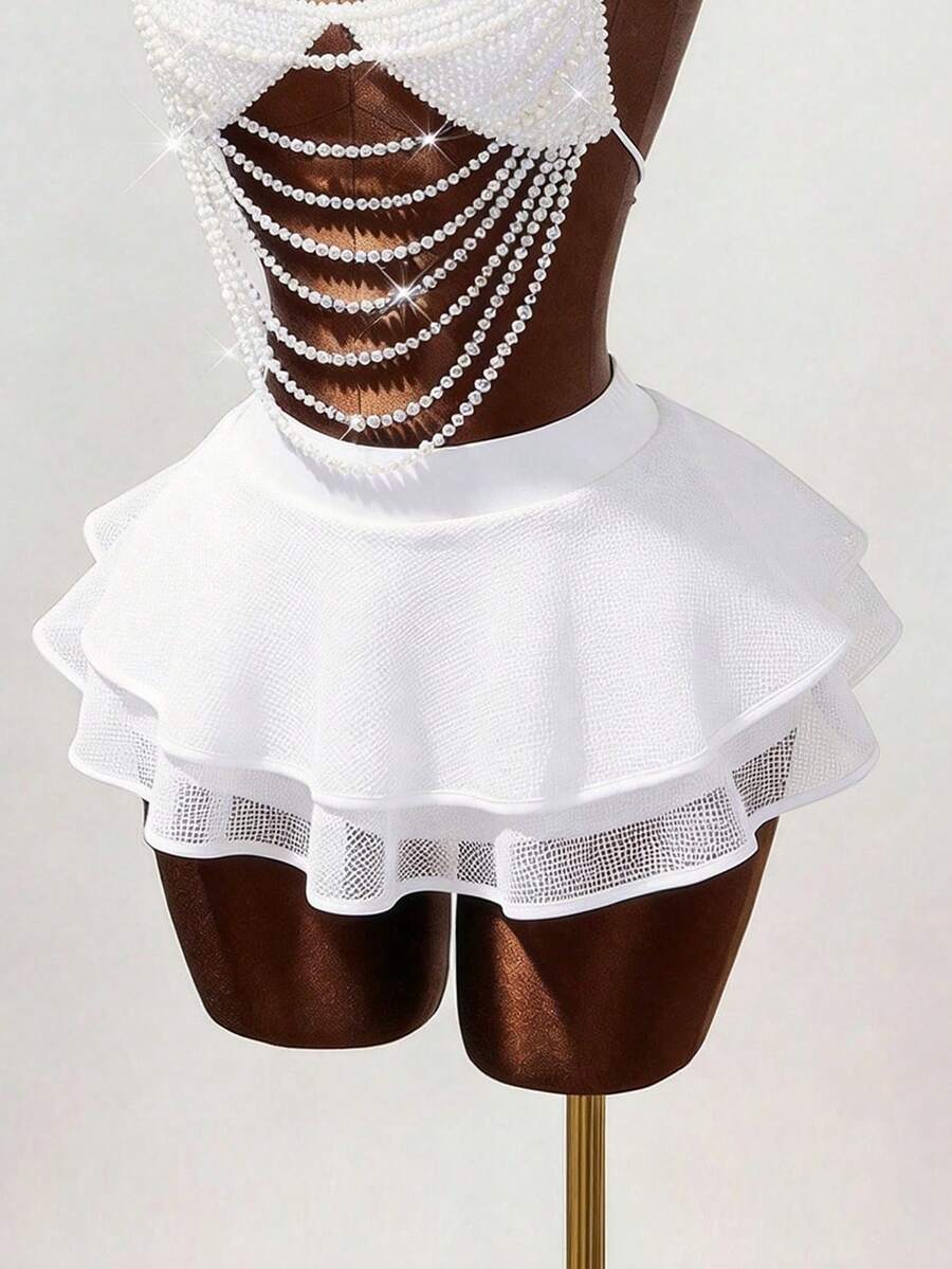 Women's black Y2K rhinestone layered mini skirt with hollow-out detailing and natural mid-waist design