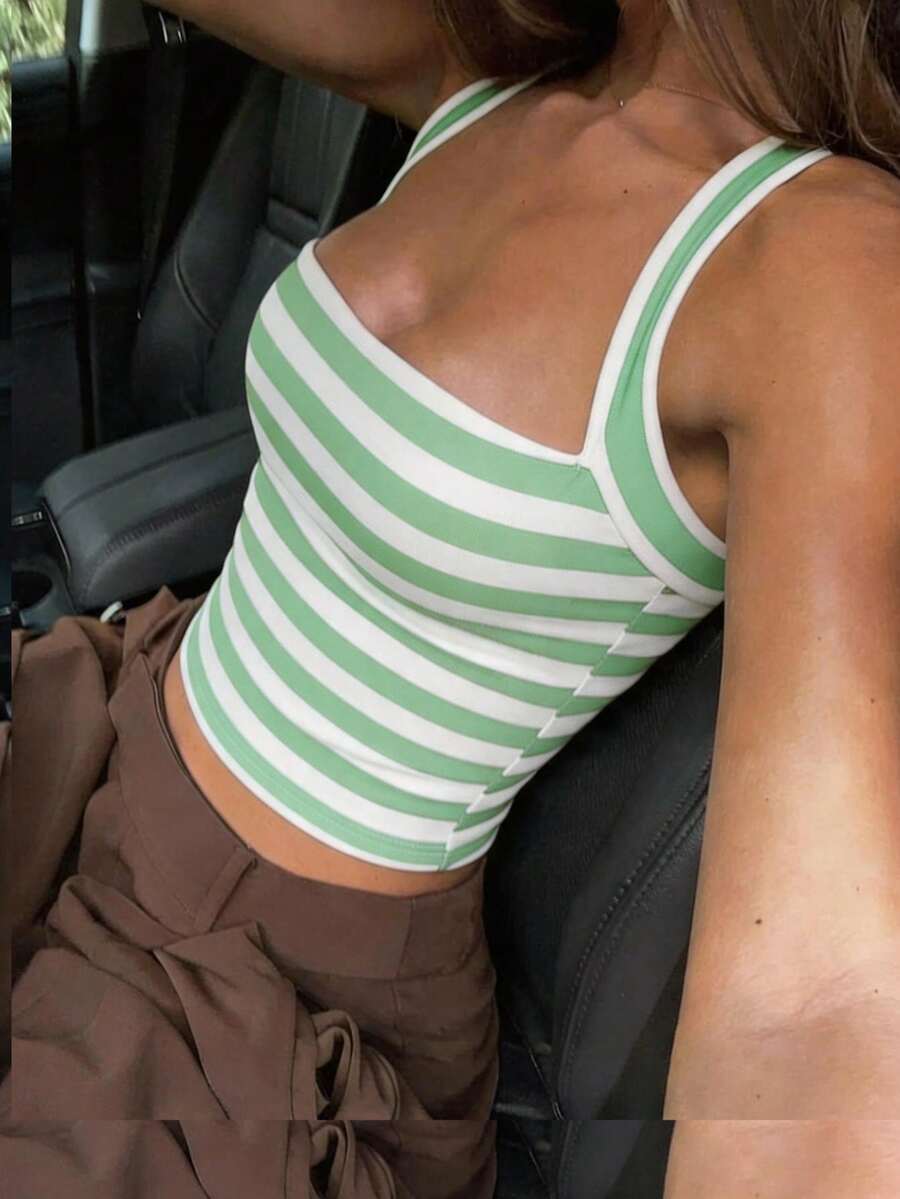 Women's striped halter camisole top featuring a backless design in knitted fabric